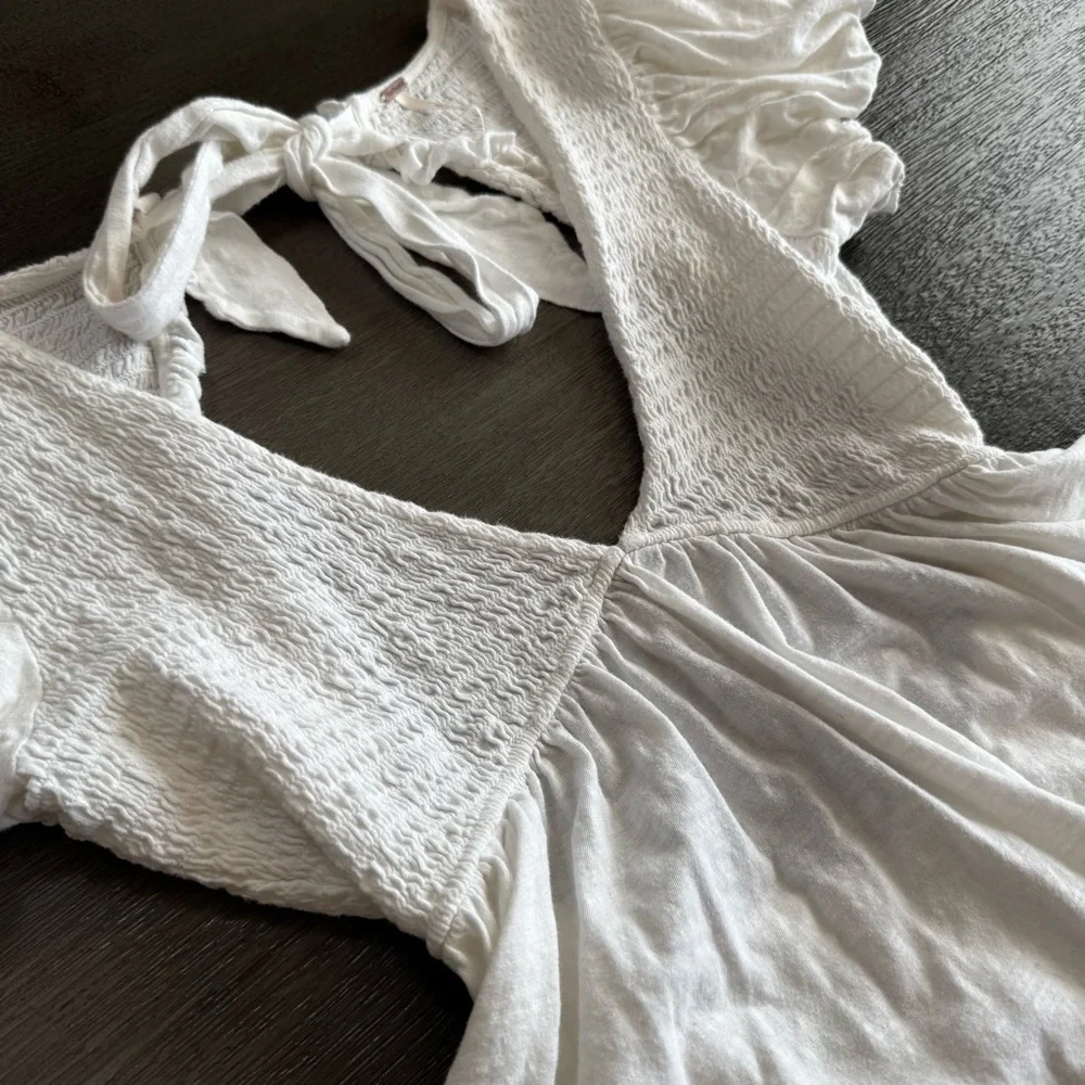 Free People White Charlotte Tie Back Crop Top XS Puff Smocked